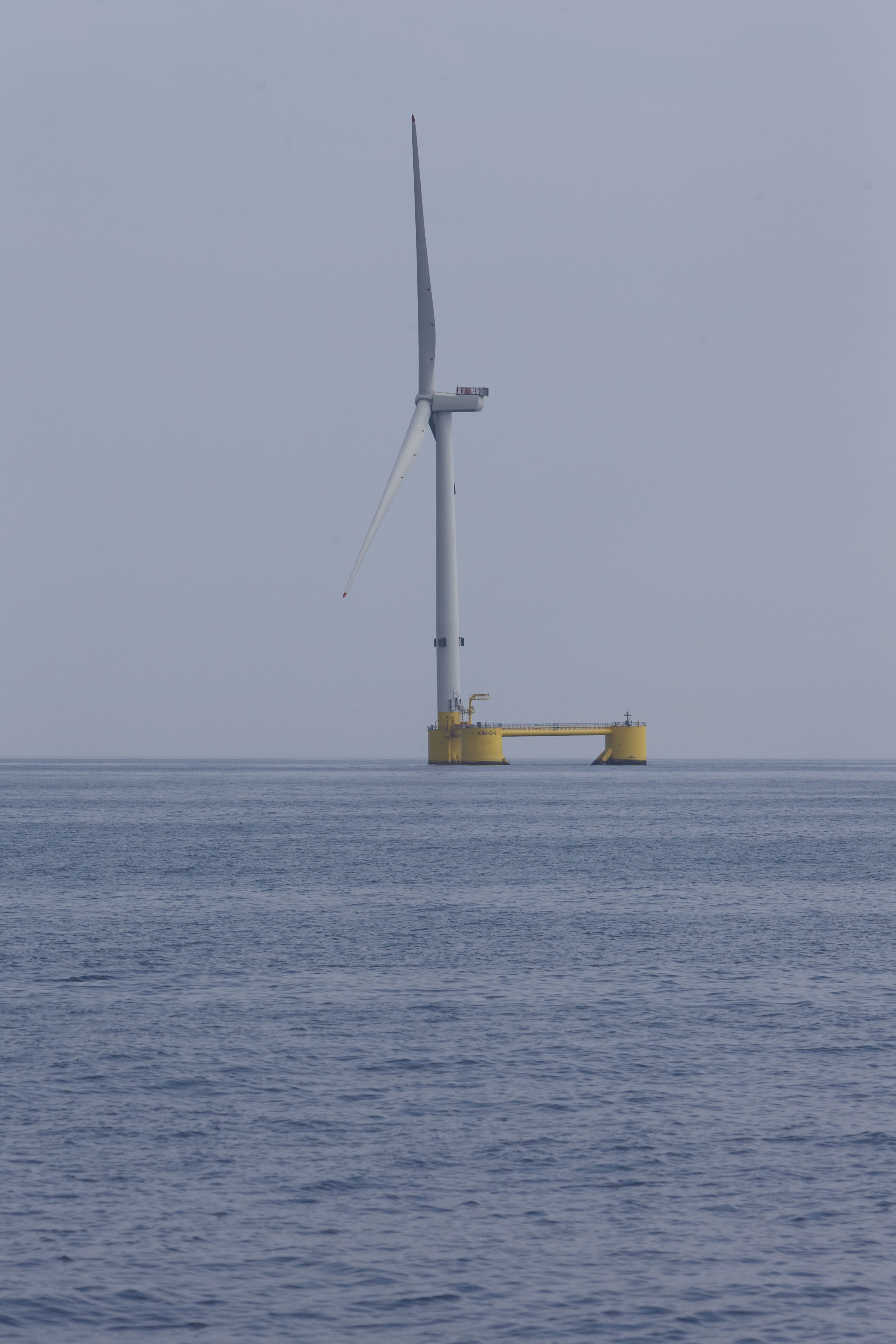 ABERDEEN SCOTLAND, APRIL 29 2022: Flotation Energy Floating offshore wind turbines off the coast of Aberdeen. Floating offshore wind is a simple concept with a big future. It means that you can take wind turbines into deeper waters, where the winds are st