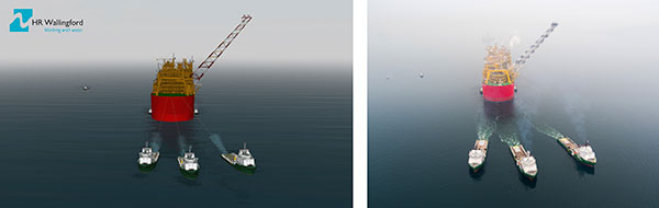 9 1HR Wallingford simulation left and photograph by Shell right of the Prelude tow with POSH tugs 