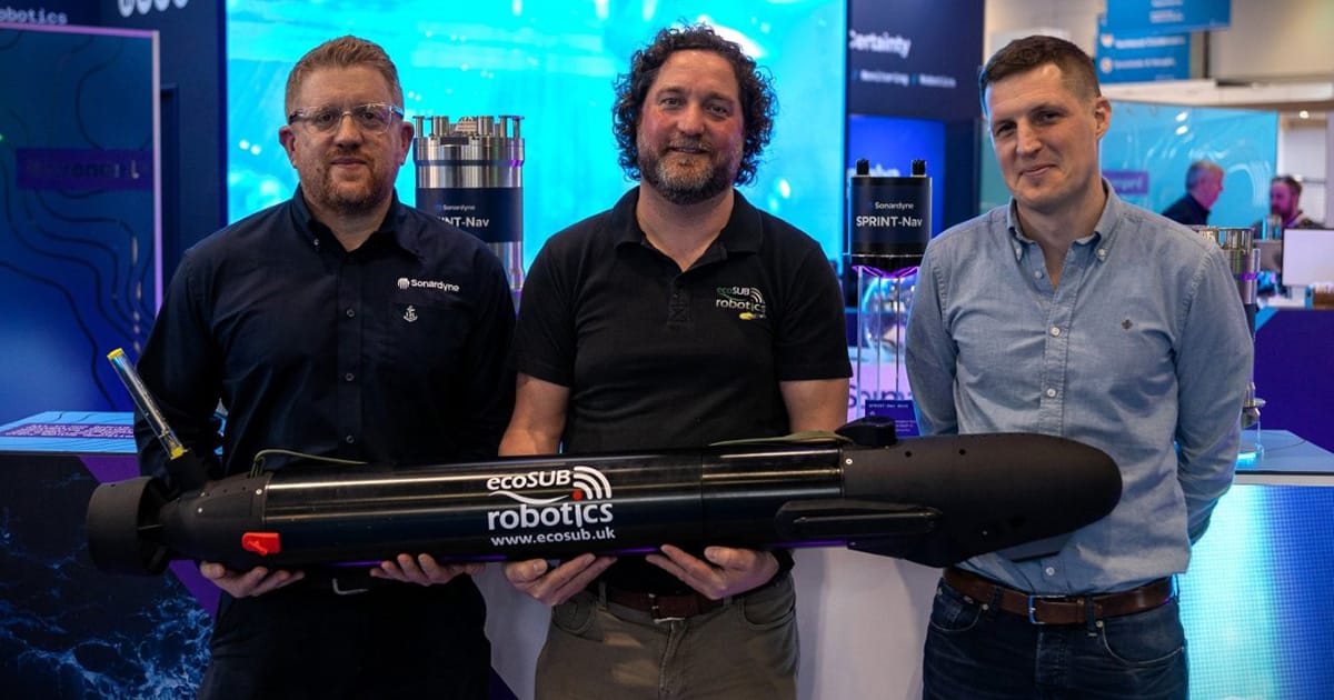 (L-R) Aidan Thorn, Marine Robotics Business Development Manager, at Sonardyne, Iain Vincent, Director & General Manager, at ecoSUB Robotics, and Anders Wikmar, Survey and Technical Director, at Njord Survey.