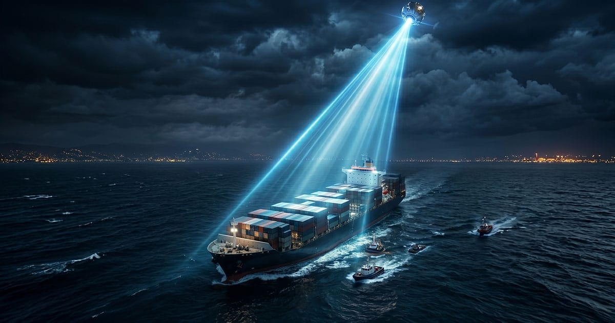 An AI generated image of a ship transmitting location data though satellite communication systems.