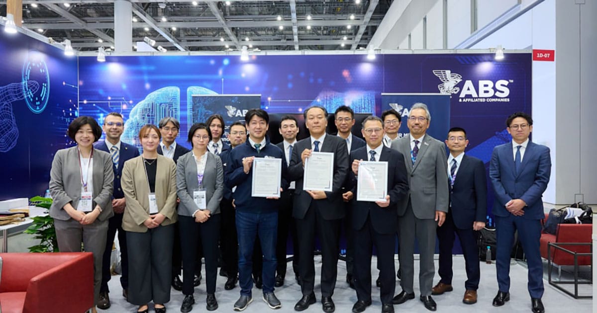 Attendees gather at an ABS Approval in Principle (AIP) certificate ceremony during the 2026 Sea Japan International Maritime Exhibition and Conference. Pictured holding ABS AIP certificates (L to R): Kojiro Hatada, President and CEO, Innovative Space Carrier Inc. (ISC); Hiroyuki Kakehashi, Associate Executive Officer, Mitsui O.S.K. Lines, Ltd. (MOL); and Kenichi Shibata, President and Representative Director, TSUNEISHI SOLUTIONS TOKYOBAY Co., Ltd. (T-SOL). Also pictured: Timoteo Badalotti, ABS Principal Engineer, Global Sustainability (second from left); and Makoto Oba, ABS Director, Japan Business Development (third from right).