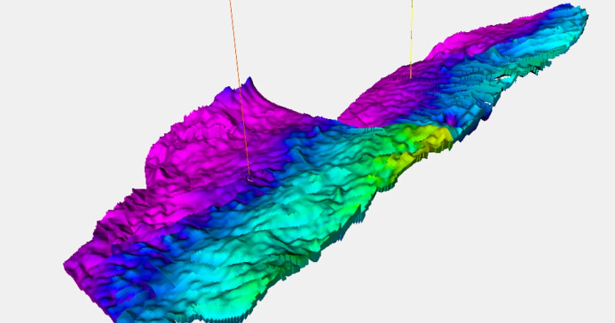 This is an illustration of the Gro structure. The colors indicate the elevation difference between the highest and lowest points of the structure. The scale goes from purple as the deepest to yellow as the shallowest. The line indicates exploration wells. (Image credit: (Norwegian Offshore Directorate)