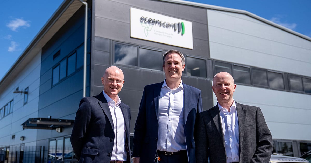 L-R: Brett Laurenson Chief Growth Officer, Derek Donaldson CEO, Kevin Strachan CFO outside the new Oceanscan facility in Dyce.
