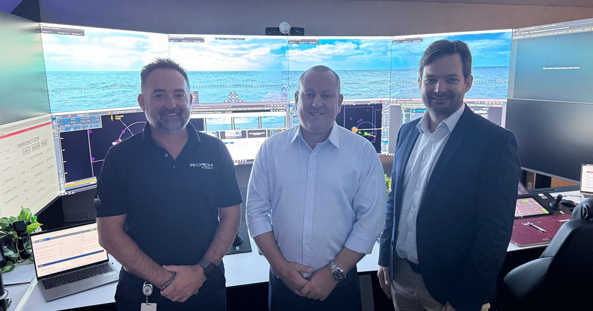 Paul Mullins, APAC – IMR Director, Reach Subsea, Stuart Walker, Managing Director, Beacon Offshore, and Morten Grevstad, Business Development Manager, Reach Subsea, at Reach Subsea’s Remote Operations Center (ROC) in Australia.