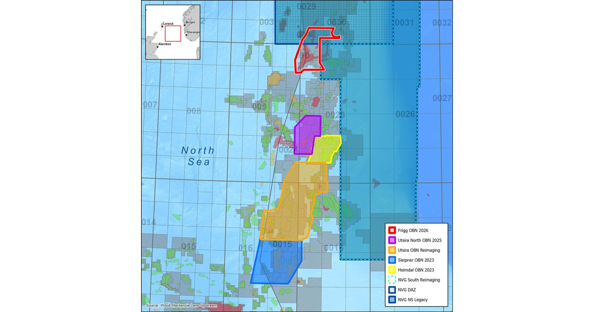 Map showing the location of the new Frigg OBN survey project.