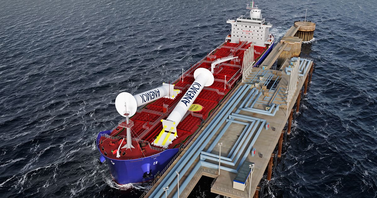 The completed MR tanker concept showing the two Anemoi 5x35m EX-rated Rotor Sails in the folded position.