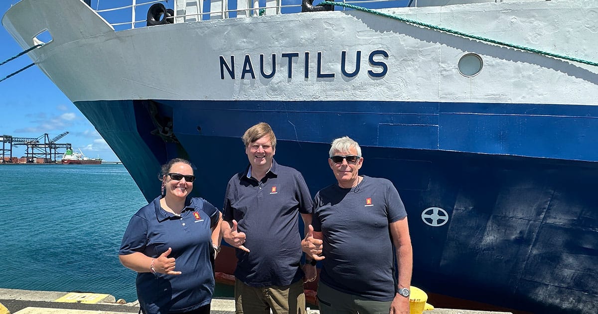 The KONGSBERG team dockside in Honolulu ahead of the NA178 expedition - Colleen Peters, Jørn Horvik, and Knut Terje will spend 14 days at sea testing the EM 304 MKII aboard E/V Nautilus. (Image credit: KONGSBERG)
