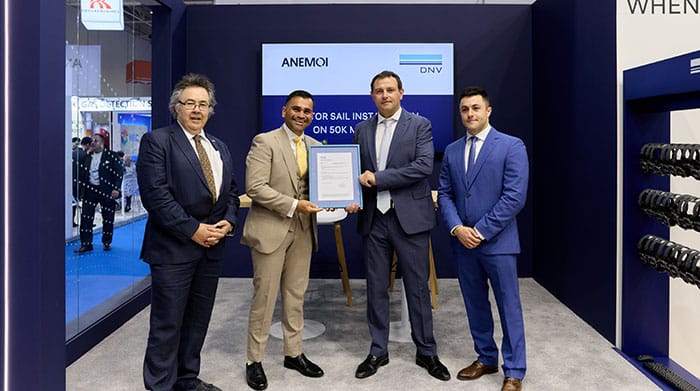 Left To Right: Kostas Papadakis, Commercial Director Uk (Maritime Region West Europe) At Dnv, Aakash Dua, Regional Business Development Director For West Europe At Dnv. Nick Contopoulos, Chief Commercial Officer At Anemoi Marine Technologies, Dimitris Ataroglou, Technical Sales Engineer At Anemoi Marine Technologies.  