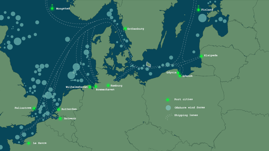 Europe Shipping Routes And Offshore Projects. 