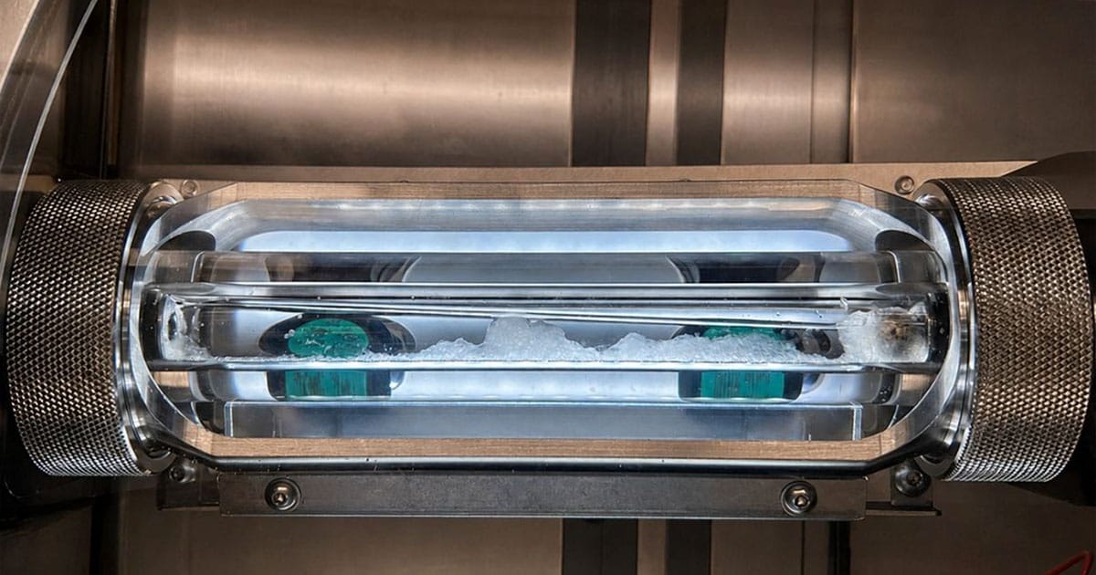 A fully formed gas hydrate plug captured in a sapphire rocking cell, demonstrating the flow assurance challenge addressed by HYTREAT™ ECO. © Clariant