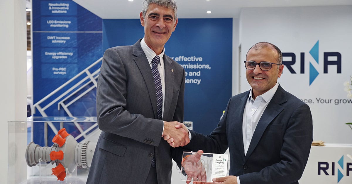 L-R: Giosuè Vezzuto Marine Executive Vice President at RINA and Ahmed Eldemerdash, Vice President Climate Technology Solutions at Baker Hughes.