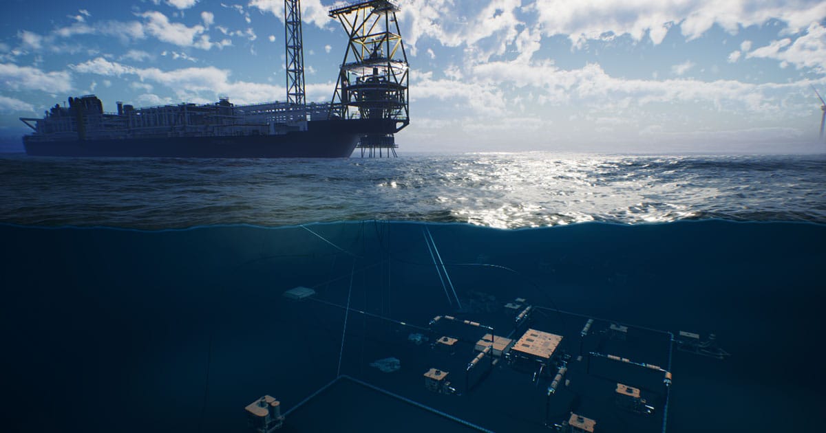 An artist’s illustration showing a floating production system with mooring spread.