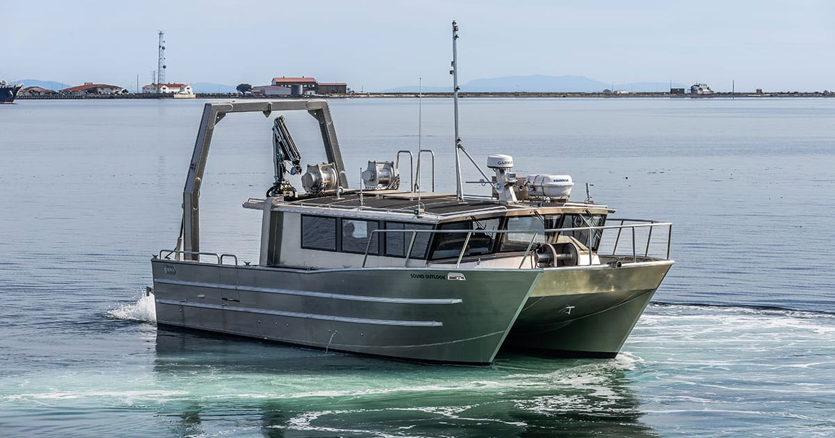 Custom 44’ aluminum catamaran purpose-built for marine survey and environmental monitoring departs Port Angeles for Old Lyme, CT.