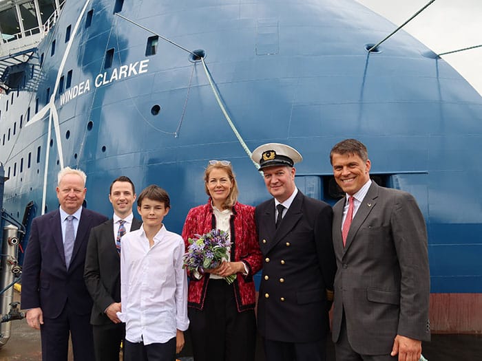 Windea Clarke Completes Bernhard Schulte Offshore’s Quartet of New CSOVs 2 Naming Of Windea Clarke: Lars Lühr Olsen, Managing Director, Ulstein Verft; Martinus Warholm, Project Manager At Ulstein Verft; J. Kyrle, Godmother'S Son; Godmother Helen Kyrle; Capt. Rainer Müller, Captain Windea Clarke; Matthias Müller, Managing Director, Bernhard Schulte Offshore.