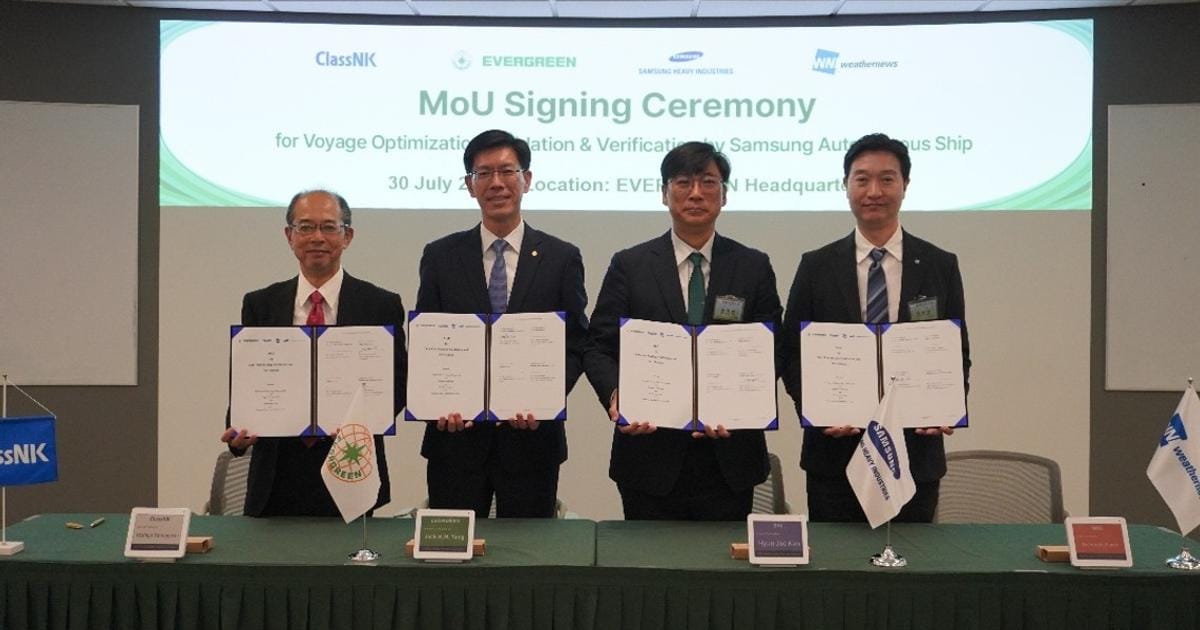 MOU Signing Ceremony From right: Mr. Keemoon, Executive Director for Global SEA Division, Weathernews Inc. Dr. Hyun Joe Kim, Executive Vice President, Head of Ship & Offshore Research Institute, Samsung Heavy Industries Capt. Jack H.M. Yang, Deputy Div. Chief, Ship Div., Evergreen Marine Corporation Dr. Yoshiya Yamaguchi, Executive Vice President, ClassNK. (Image credit: ClassNK)