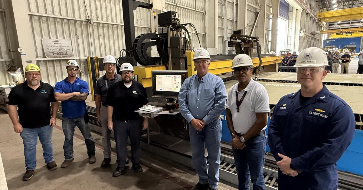 Austal USA and USCG representatives join to commemorate start of construction on Offshore Patrol Cutter USCGC Ingham. (Image credit: Austal USA)