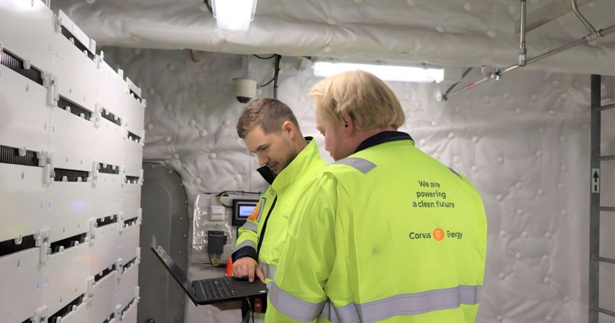 Corvus Energy field service technicians servicing a Corvus marine battery system. (Image credit: Corvus Energy)