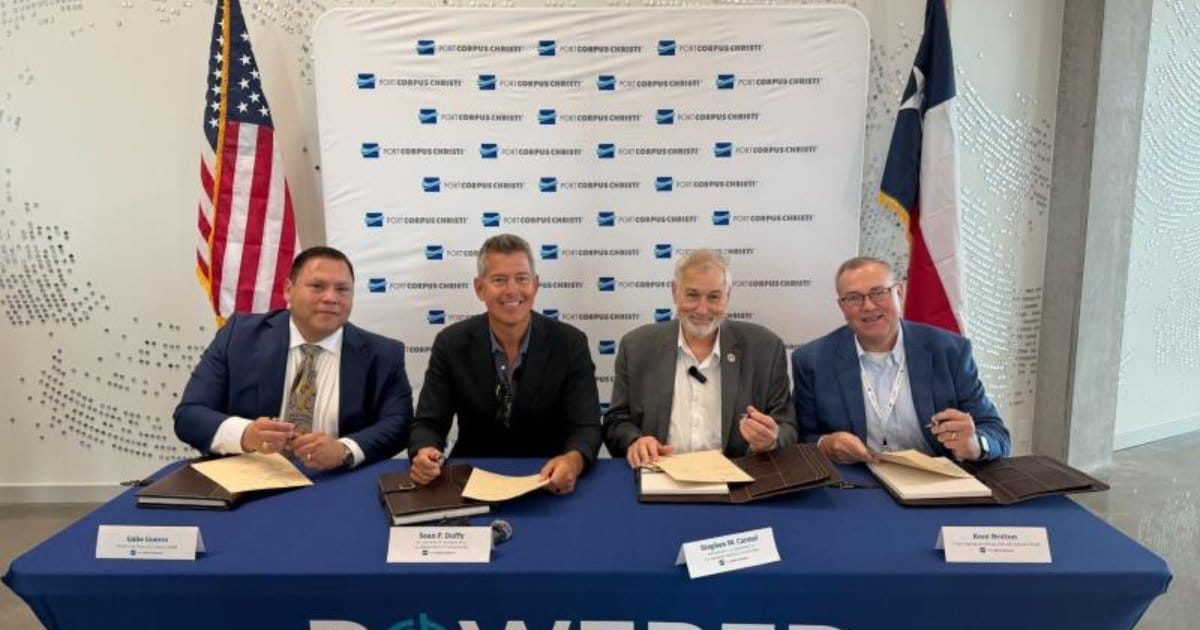 Secretary Duffy and MARAD Administrator Carmel were joined by Port of Corpus Christi CEO Kent Britton and Commission Chairman Gabe Guerra for the MOU signing. (Image credit: US DOT)