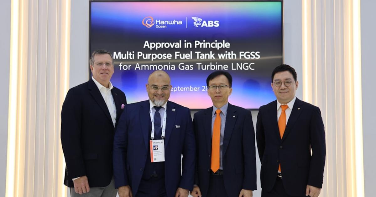 Left to right: Matthew Tremblay, ABS Senior Vice President, Global Offshore Markets; Rostom Merzouki, ABS Vice President, Global Sustainability; John Ki Lim, Hanwha Ocean General Manager and Team Leader of Commercial Vessel Development team; and Dong Kwon (Duke) Lee, Hanwha Ocean Senior Vice President and Head of Basic Performance R&D Center. (Image credit: ABS)