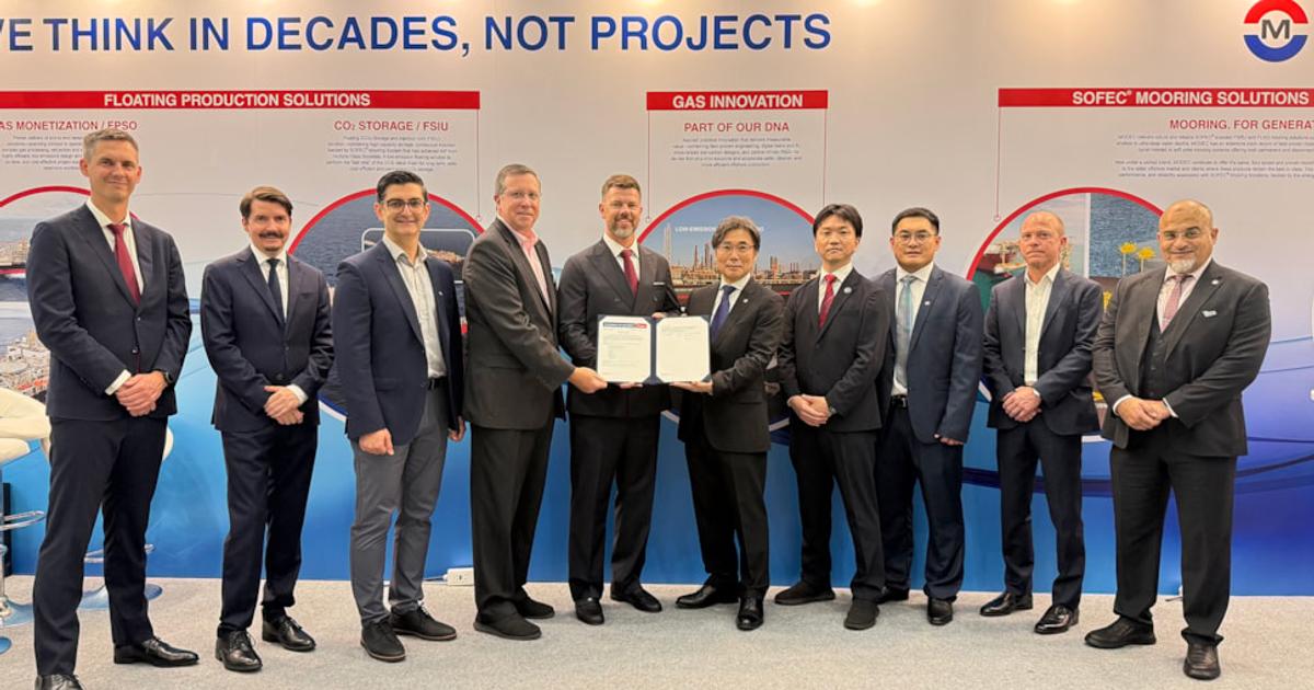Left to right: Tjalve Svendsen, Eld Energy Chief Technology Officer; Ivar Singstad, Eld Energy Chief Operating Officer; Amir Izadparast, MODEC Manager, New Technology Department; Matthew Tremblay, ABS Senior Vice President, Global Offshore Markets; Hans Fredrik Lindøen-Kjellnes, Eld Energy CEO; Hirohiko Miyata, MODEC President and CEO; Junya Suzuki, MODEC SOFC R&D Project Manager; Phuong Hong, MODEC Sustainability Process Lead; Matthew Mueller, ABS Vice President, Regional Business Development; and Rostom Merzouki, ABS Vice President, Global Sustainability. (Image credit: ABS)