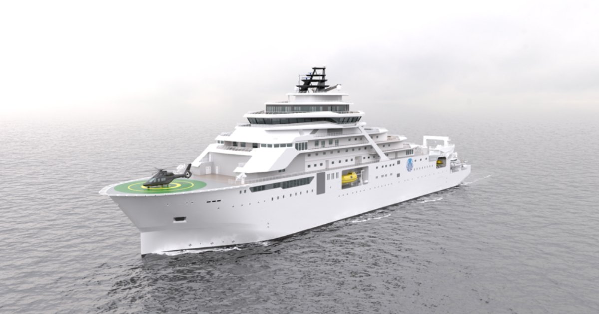 Rendering of Inkfish's new research vessel equipped with an AUV hangar and subsea docking capabilities for autonomous underwater vehicle operations. (Image credit: Kongsberg Maritime)