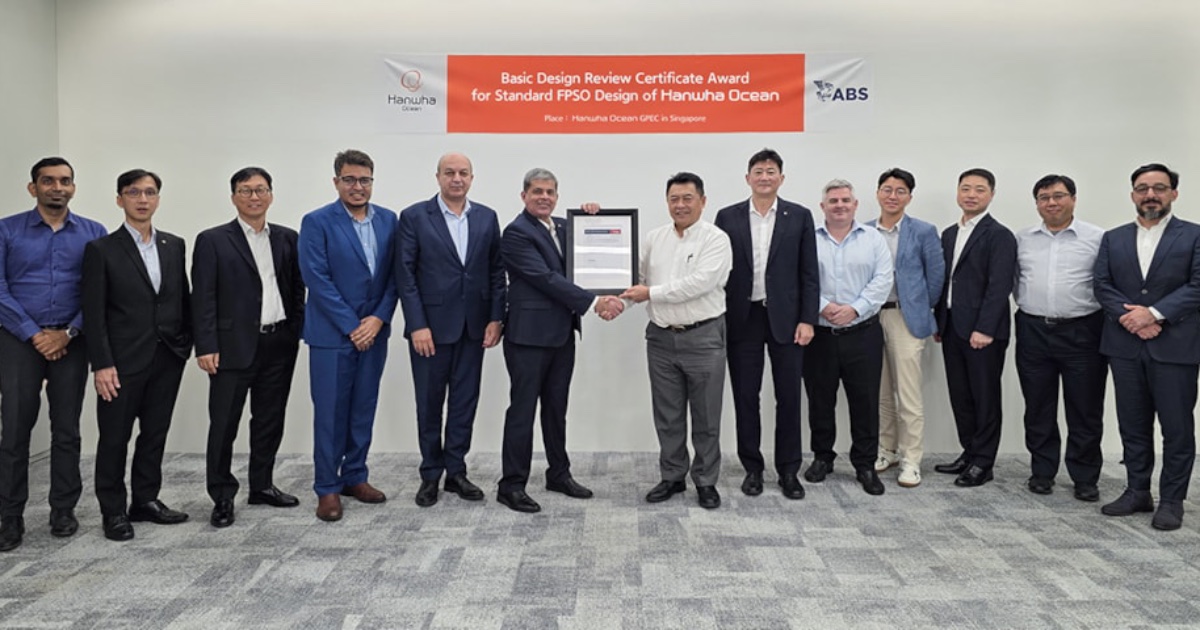 (L to R): Jijo Varghese, Hanwha Ocean Topsides Engineering Project Manager; Boon Joon Chin, ABS Director, Engineering; Kwang Soo Kim, Hanwha Ocean Head of Engineering Project Management; Avik Roy, ABS Senior Manager, Offshore Business Development; Adel Trabelsi, Hanwha Ocean Head of Engineering; Arnab Ghosh, ABS Vice President, Regional Business Development; Bai Liguo, Hanwha Ocean Head of Global Project Office; James Koo, Hanwha Ocean Head of Global Hull & Marine Engineering; Joe Price, Hanwha Ocean Head of Global Mooring Engineering; SeungChul Han, Hanwha Aerospace, Vice President, Offshore Plant Team, Strategy Office; JongHyun Choi, Hanwha Aerospace, General Manager, Offshore Plant Team, Strategy Office; Yasuhito Ota, Hanwha Ocean Head of Global Topside Engineering; and Cristiano Vieira, Hanwha Ocean Head of Regulatory Compliance. (Credit: ABS)