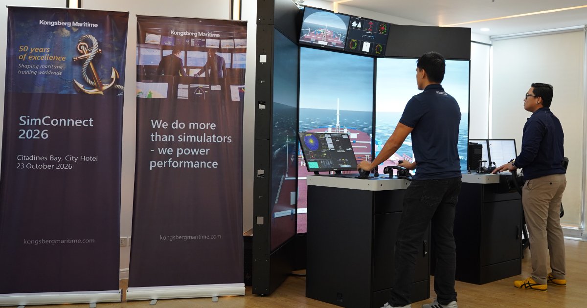 Two people using a maritime simulator with multiple navigation displays at a Kongsberg Maritime simulation setup. (Image credit: Kongsberg Maritime)