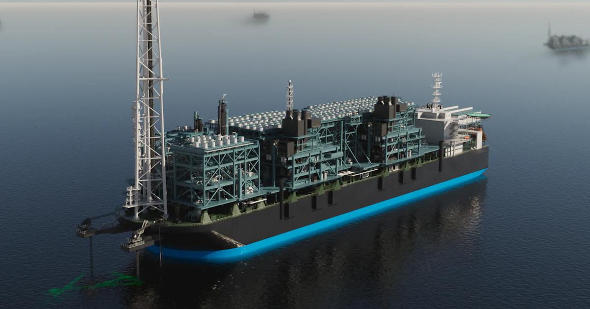 Render of a FLNG vessel at sea. (Image credit: NOV)